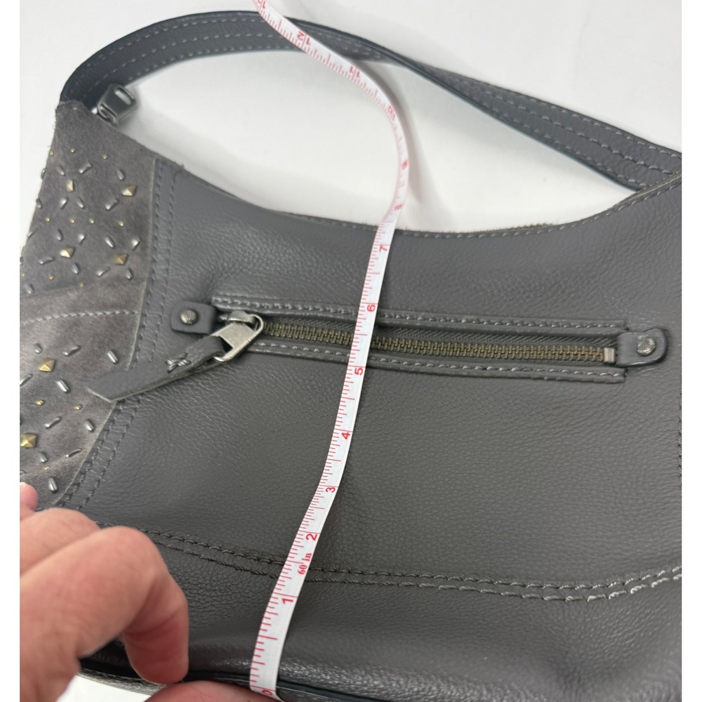 The Sak Kendra Leather and Suede Hobo Shoulder Bag Gray Studded Tassel Charm - Picture 8 of 12